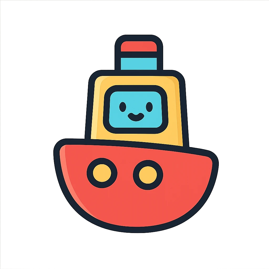cute cartoon ship icon, rounded shapes, friendly appearance, red hull, modern icon style emoji