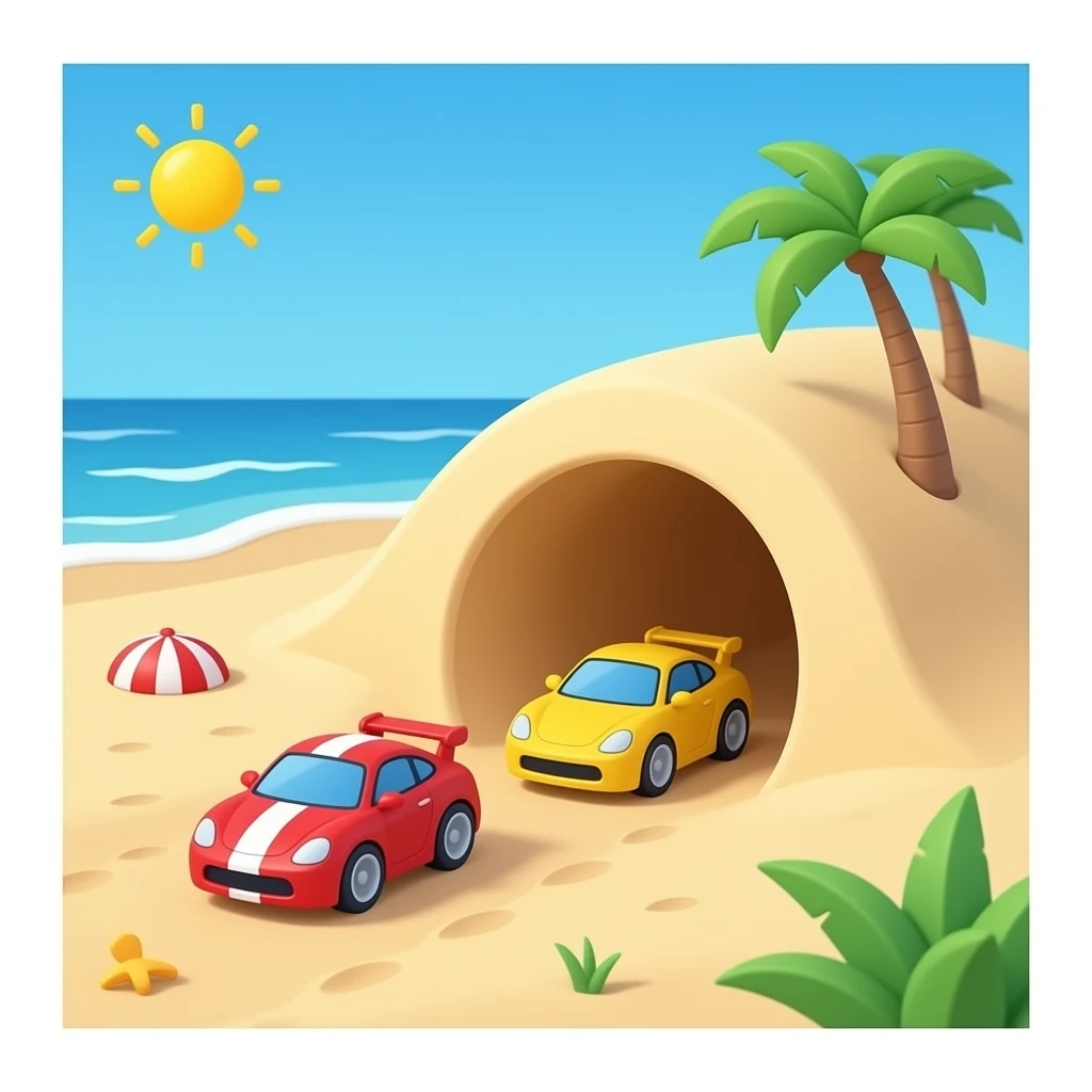 Create 2 toy race car at the beach with a tunnel of sand emoji