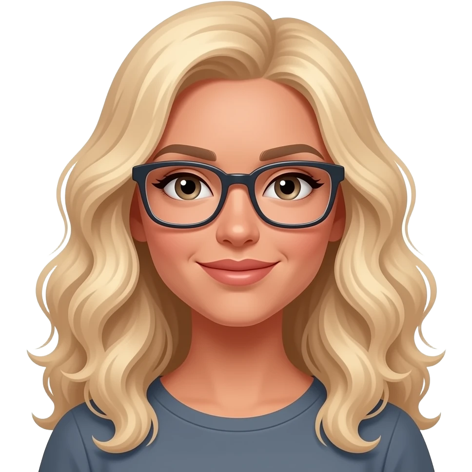 woman with long cool toned blonde loosely  curled hair, rectangular glasses and tan skin emoji