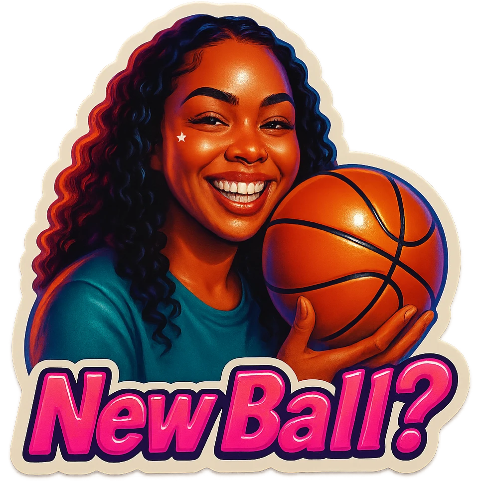 Grin holding a Basketball
add the words New Ball? in pink emoji