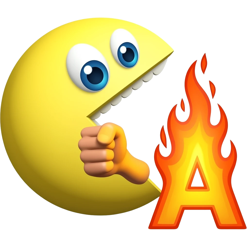 Traditional PAC man with no eyes with flames arm punching with a boxing the letter A in flames emoji