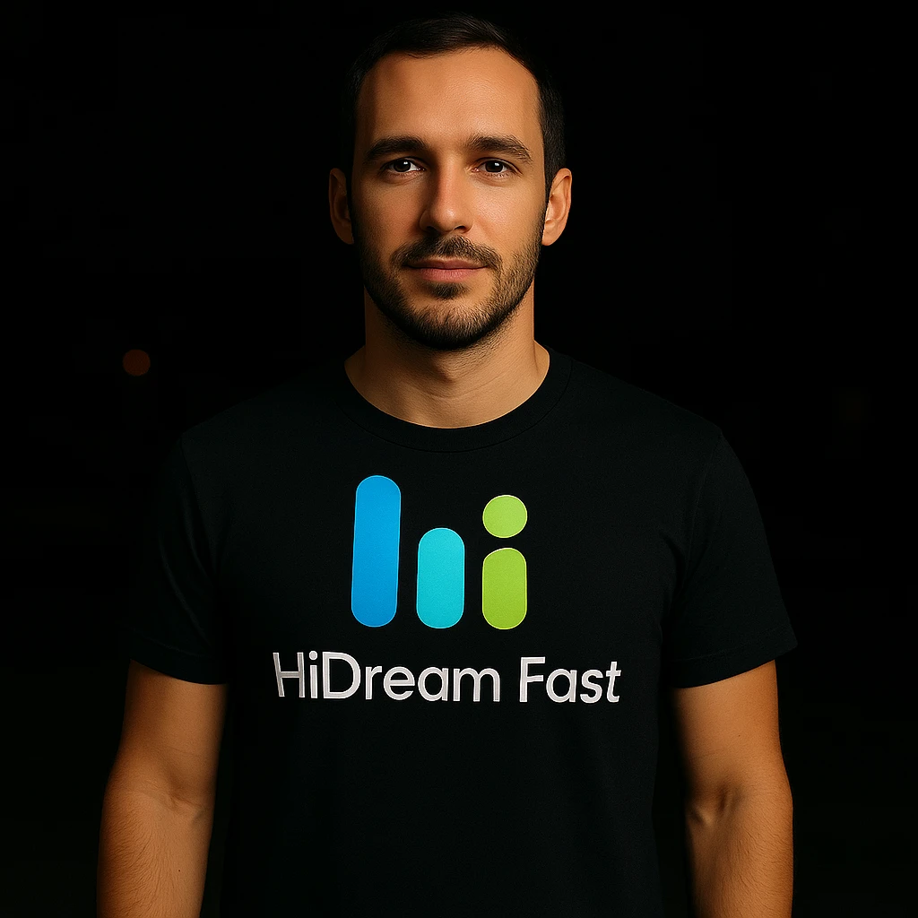 man wearing tshirt with this logo, dark night background with dim , add fast below logo, make man fit into image, add fast insead pf the dev keep rest same emoji