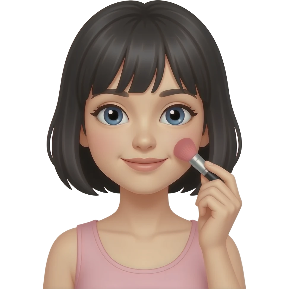 White girl with short black hair applying blush, wearing a light pink top, iPhone emoji style emoji