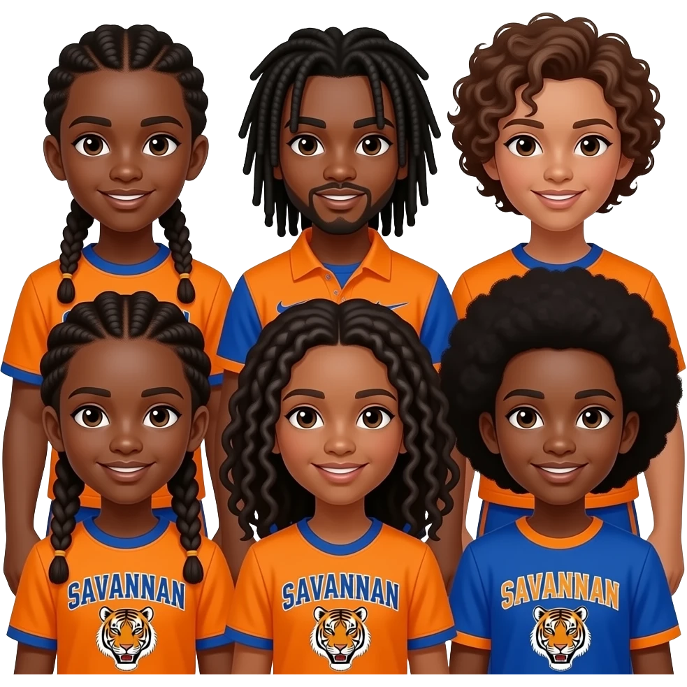 Group of hbcu brown skin 5 boys 5 girls wearing orange and blue Savannah state tigers student braids corn rolls dreads curky hair Afro emojis like 10 emoji