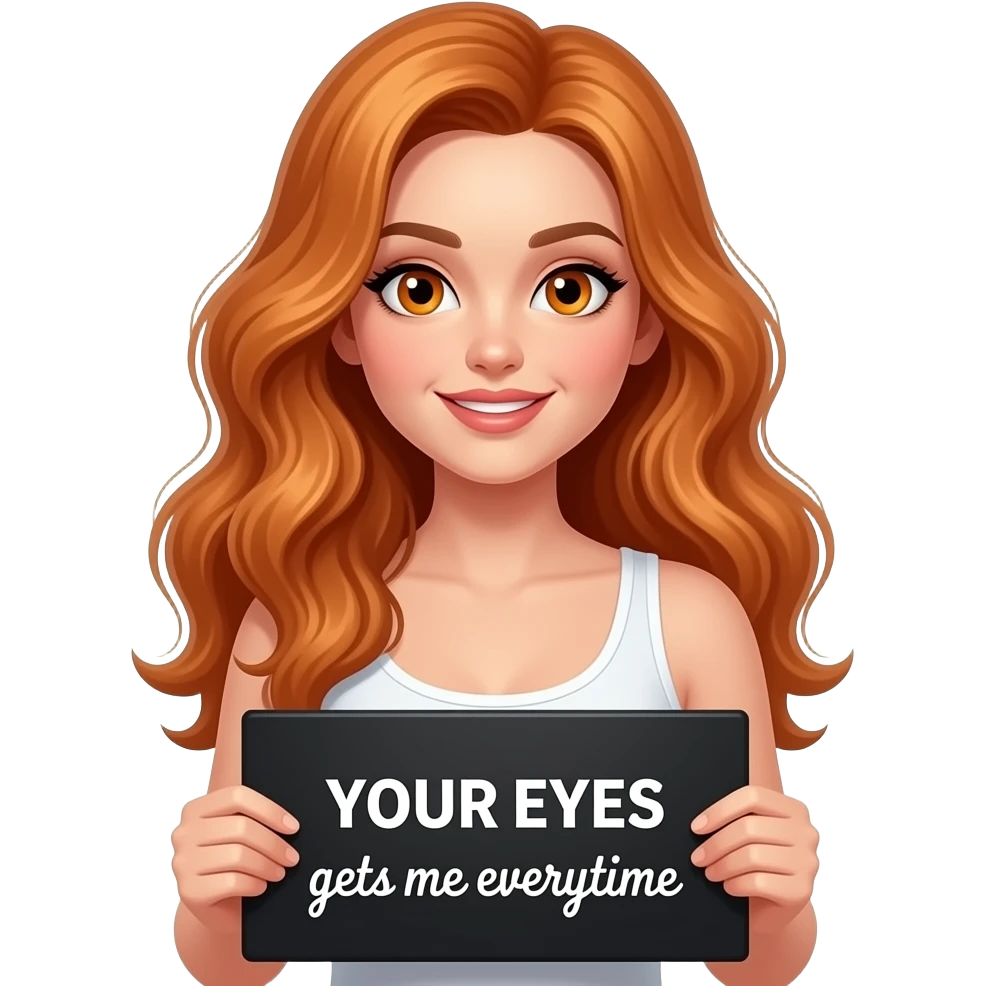 sexy girl with long wavy ginger hair and ginger eyes wearing a white tanktop is holding a black colored sign with YOUR EYES gets me everytime written on it emoji