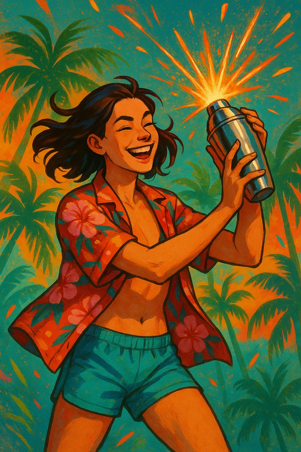 human female Unbuttoned Hawaiian shirt, swim trunks, shaking a cocktail shaker (sparks flying) emoji
