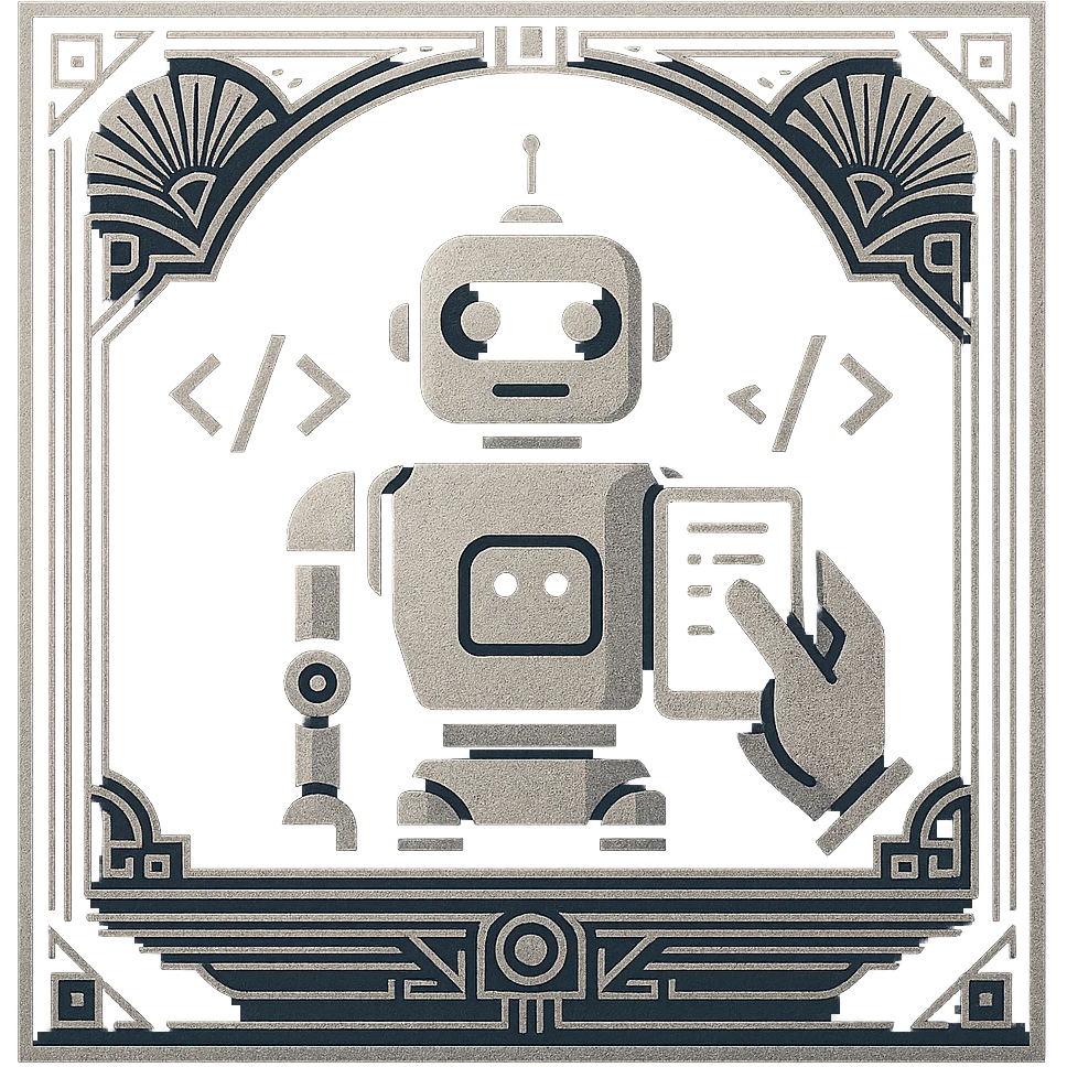 art deco logo of a robot being programmed, robot with code symbols, fan motifs, silver and navy, ornate border emoji