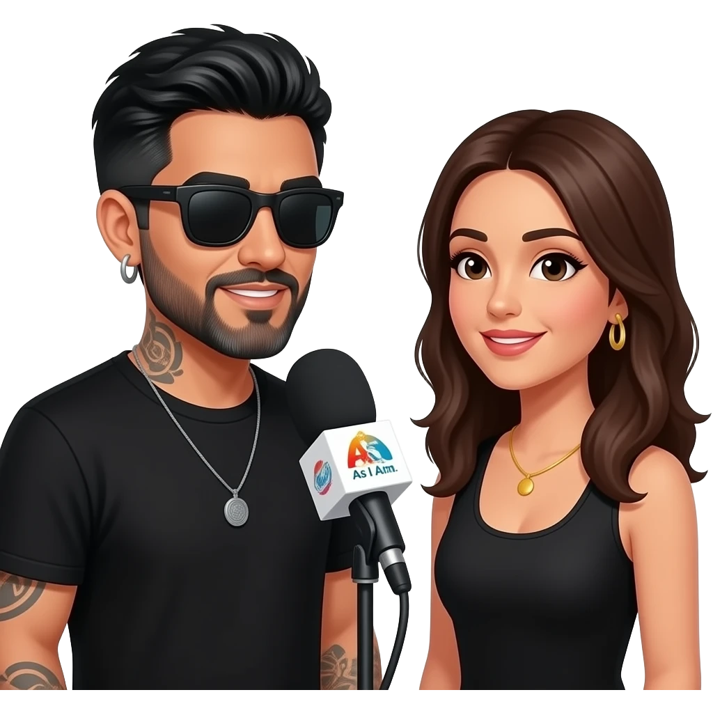 A podcast host, a handsome Latino man with medium hair, a graying beard, tattoos, hoops in his nose and ear, all in black with sunglasses, interviews a woman in front of a microphone with a logo reading "As I Am." emoji