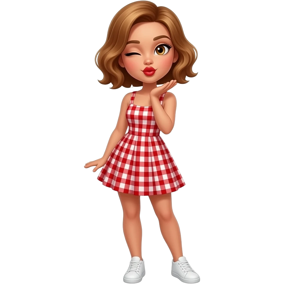 glamours,-tanned,-very-beautiful-girl,-with-big-plump-red-lips,-long-long-lashes,-honey-silky-very short- hair,-wavy-hair,-hazel-eyes- wearing- red-gingham-frill - dress- white-sneakers-winking-and-blowing-a-kiss-from-hand-full-body emoji