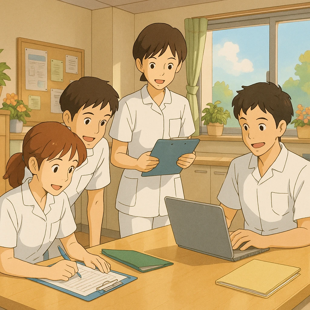 Group of four nursing students working together in a care station, white short-sleeve uniforms, medical tunics with V-neck and left chest pocket, no collar stand or stethoscopes, no fabric under sleeves, collaborative atmosphere, bright and welcoming care station decor, Ghibli style emoji