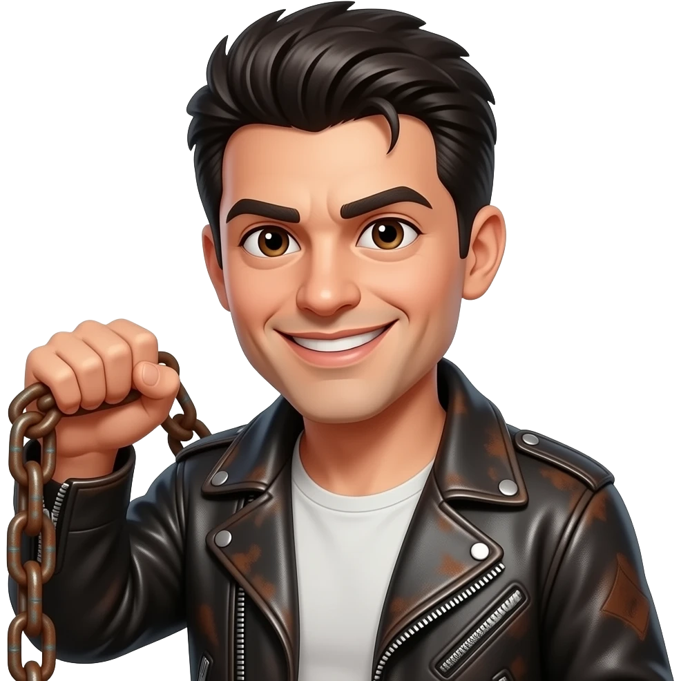 Dark haired man with mischievous smile holding a chain emoji