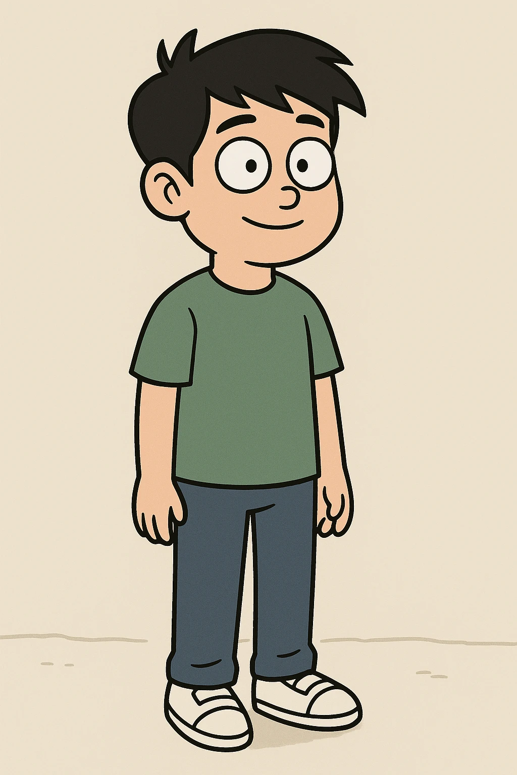 Chinese boy black hair green t-shirts dark blue jeans white shoes  emoji