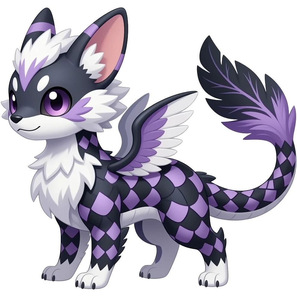 Grunge-patterned plaid-patterned feathery elegant realistic Furry, feathery fluffy tropical flecked painted feathery scaly, Purple, white, black, Minccino-Bambino-Lykoi-Linoone-Zangoose-fusion-hybrid-animal-Fakémon-creature, full body, thin long sleek scaly tail, intricate markings emoji