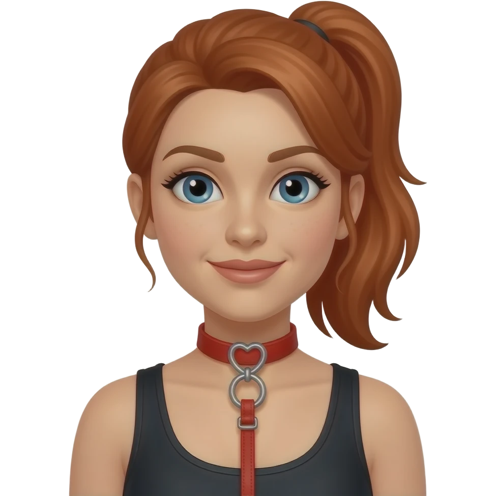 red hair in ponytail blue eyed woman in her 30's in red collar and leash, black tank top,  heart shaped "o" ring in centre front of collar emoji