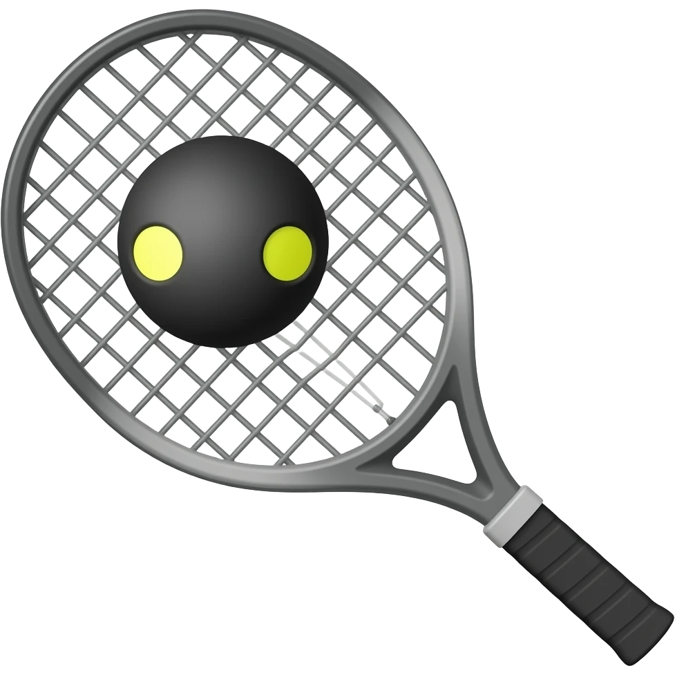Thin Squash racket with a black squash ball with two yellow dots emoji