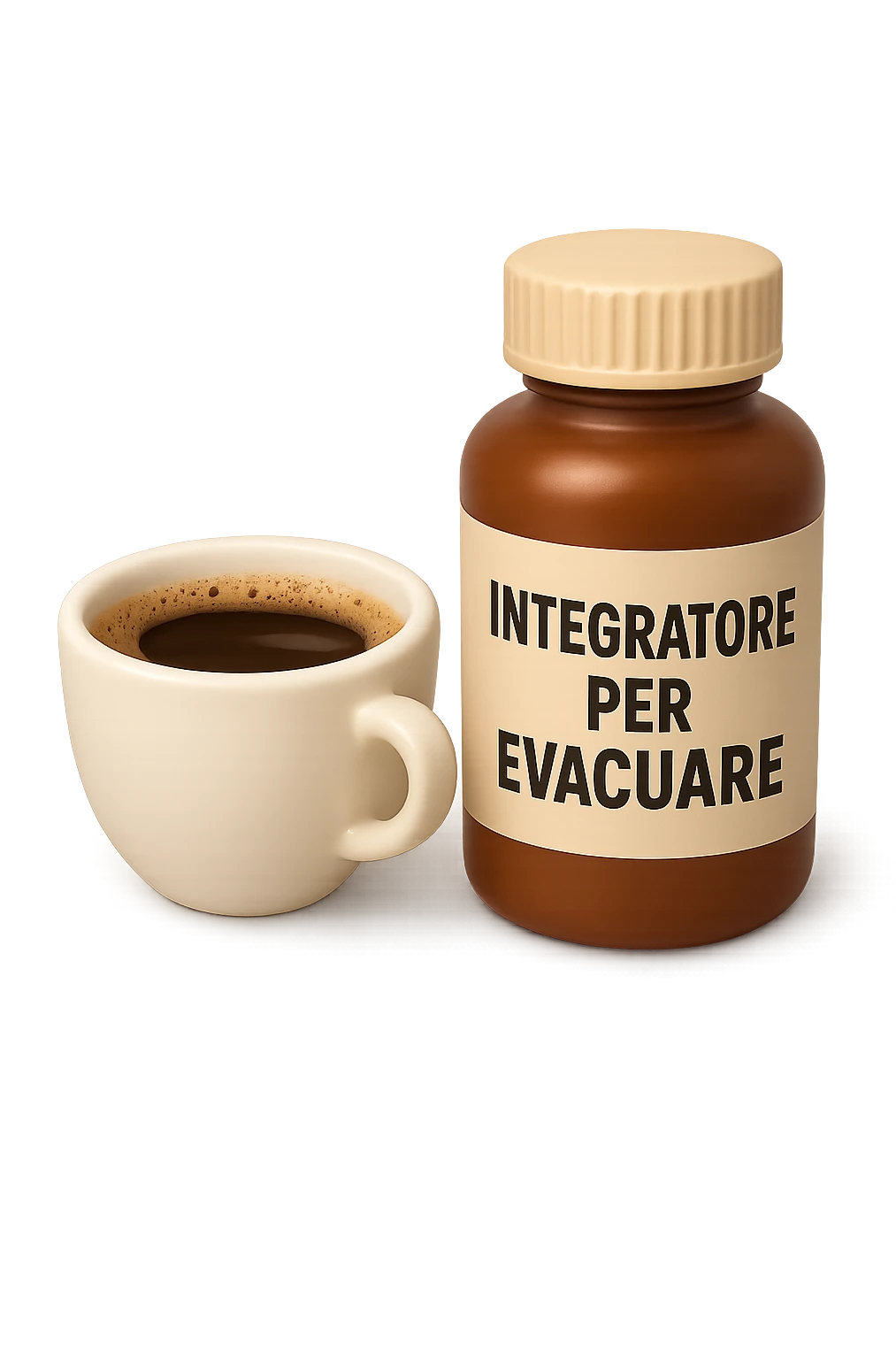 EMOJI STILE IPHONE 3D DI un caffè e di una boccetta di integratore con la scritta "INTEGRATORE PER EVACUARE" SULL'ETICHETTA, iperrealistico 4k emoji