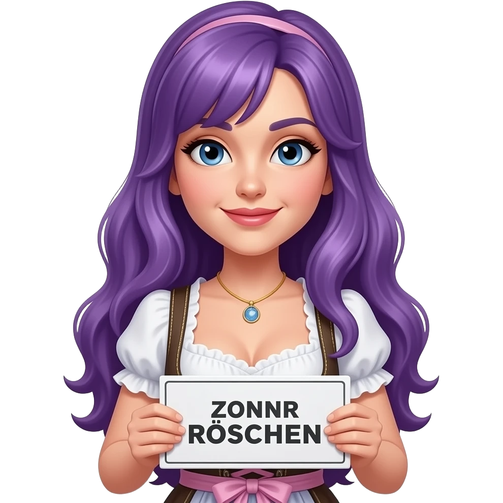 sexy girl with long purple hair wearing a dirndl holding a ZORNRÖSCHEN sign emoji