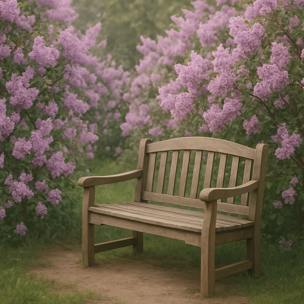 A wooden bench surrounded by blooming lilac flowers, springtime, gentle atmosphere, no people, focus on flowers and bench emoji