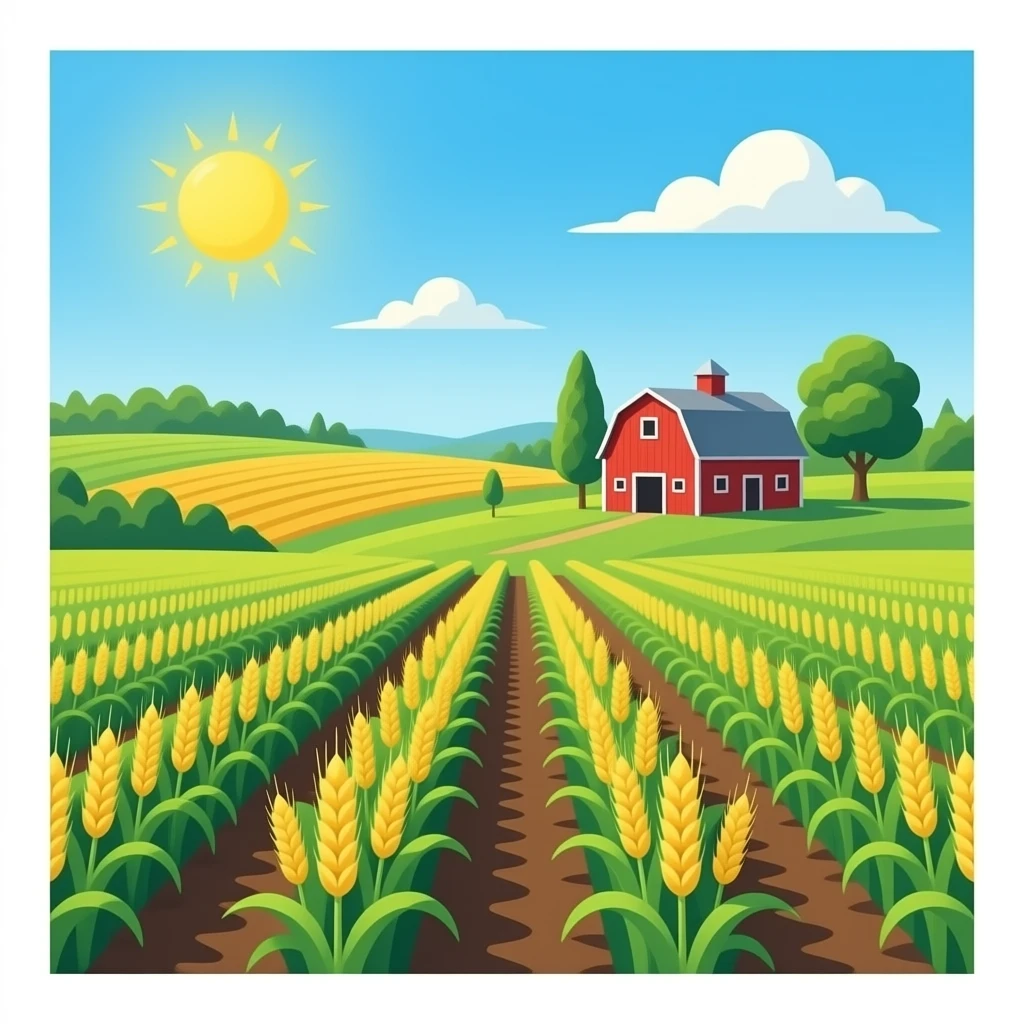 "Farmland emoji: lush green plowed fields and golden wheat rows, a small red barn with a bright sun, detailed flat vector style, transparent background." emoji