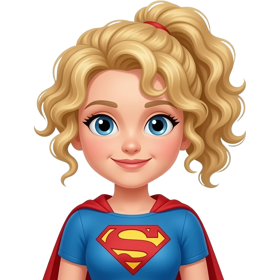 Super Julie superhero with dirty blonde hair curly ponytail emoji