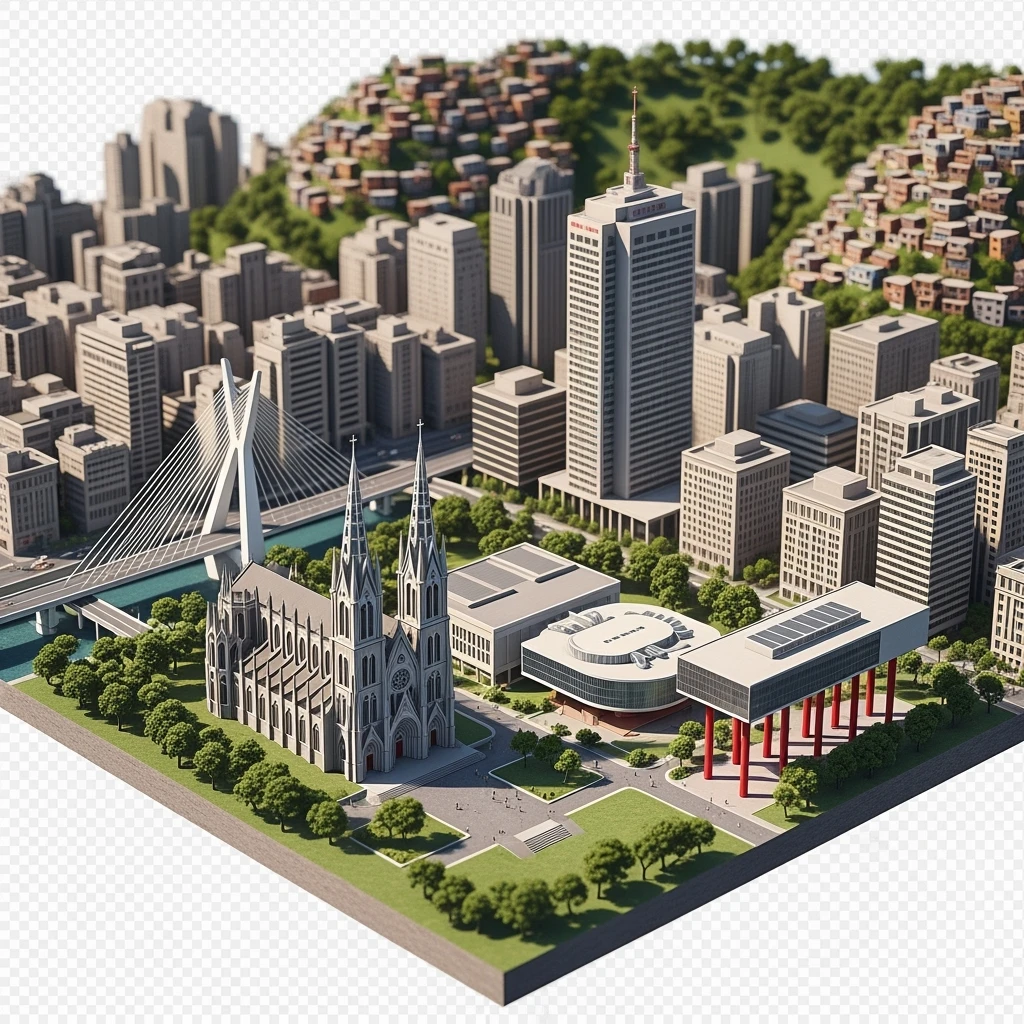 Isometric miniature of São Paulo Catedral da Sé, MASP on red pillars, Octávio Frias Bridge, and Altino Arantes building, favelas on hillsides, dense chaotic urban blocks, and green parks 3D miniature effect and Tilt Shift effect, no cartoonish look, transparent background. emoji