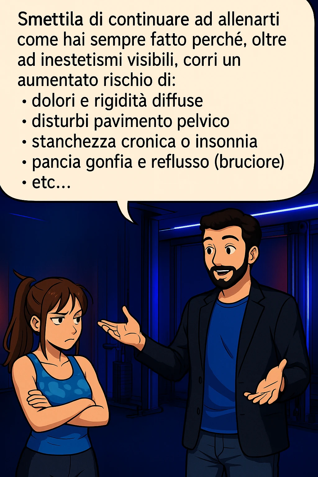 TRASFORMA QUESTO CAROSELLO IN UN FUMETTO STILE MANGA A COLORI CON QUESTE DUE PERSONE IDENTICHE CHE INTERLOQUISCONO TRA LORO, LA DONNA HA UN ESPRESSIONE PENSIEROSA MENTRE LO ASCOLTA:

LUI (UOMO): Smettila di continuare ad allenarti come hai sempre fatto perché, oltre ad inestetismi visibili, corri un aumentato rischio di:
    • dolori e rigidità diffuse
    • disturbi pavimento pelvico
    • stanchezza cronica o insonnia
    • pancia gonfia e reflusso (bruciore)
    • etc…

 emoji