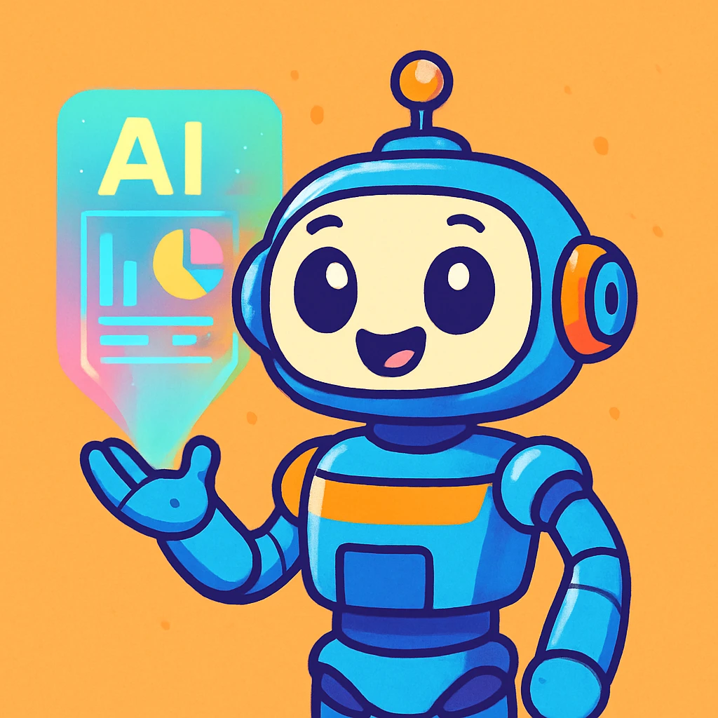 a sentient AI as a friendly robot with expressive eyes and a holographic interface, colorful cartoon style emoji
