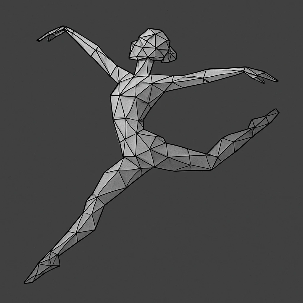 Wireframe dancer mid-leap with limbs stretched in arc. emoji