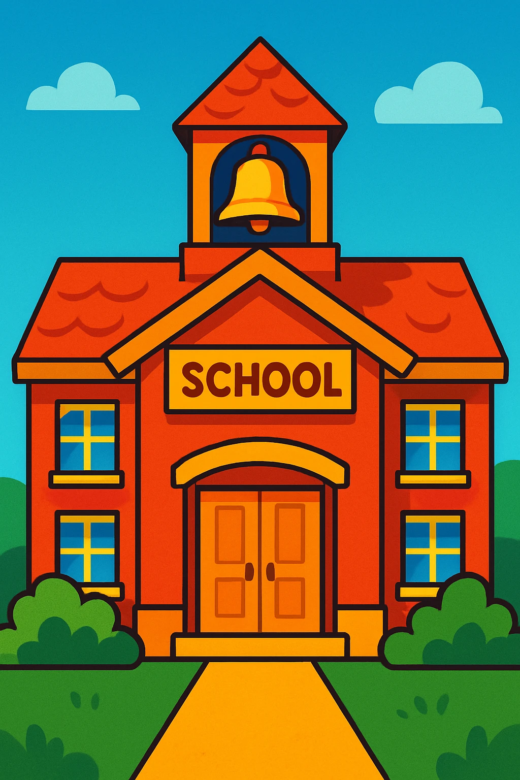 school building with bell tower, friendly illustration, warm and inviting emoji