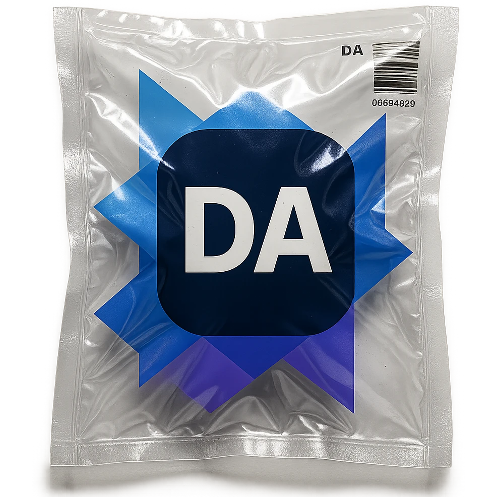 Generate the Vacuum Sealed version of this logo :

Logo Description:
Foreground Element (Main Icon):

A dark navy blue rounded rectangle (almost pill-shaped but more rectangular) sits in the center.

Inside the rectangle are the uppercase white letters "DA" centered both vertically and horizontally.

Font is bold, sans-serif, with clean and modern lines.

Background Elements (Geometric Shapes):

The background consists of five overlapping triangles, all pointing in different directions.

These triangles vary in size and shades of blue:

Top left: A small upward-pointing triangle in medium blue.

Bottom left: A small downward-pointing triangle in vibrant purple.

Center left: A large leftward-pointing triangle in light blue, partially overlapped by the navy rectangle.

Top right: A large upward-pointing triangle in dark blue.

Bottom right: A medium rightward-pointing triangle in purple.

Layout and Composition:

The triangles are arranged to form a dynamic, abstract background behind the central “DA” rectangle.

The triangles overlap slightly and create a layered, modern appearance.

The overall look is geometric, professional, and tech-oriented.

Color Palette (Hex approximations):

Navy blue (rectangle): #0D1B4C

White (text): #FFFFFF

Light blue triangle: #4285F4

Dark blue triangle: #2A2FCF

Purple triangle: #7E52FF

 emoji
