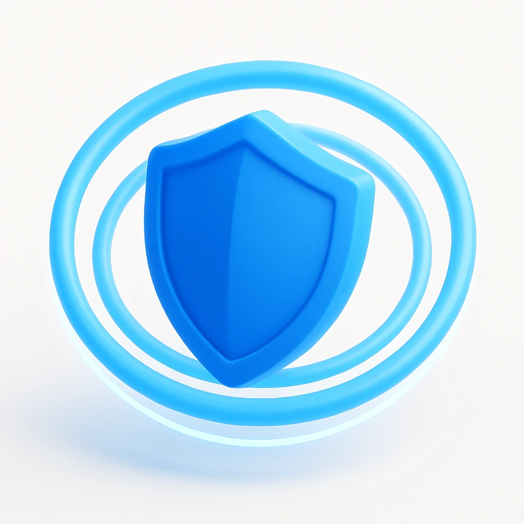 futuristic energy shield, layered rings, pulsing light, 3D blue style emoji