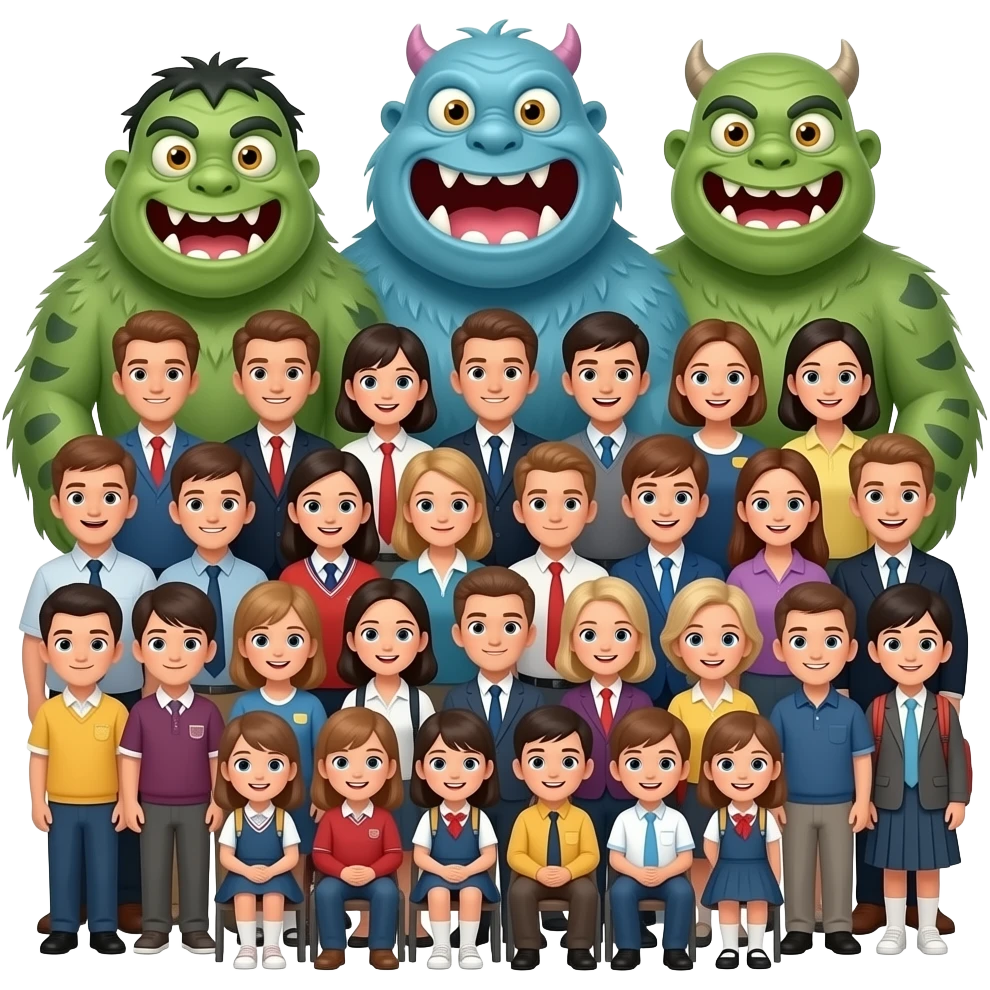 Monster family of 100 like big mouth different looks realistic not all smiling a school picture 20 people including 10 humewn emoji
