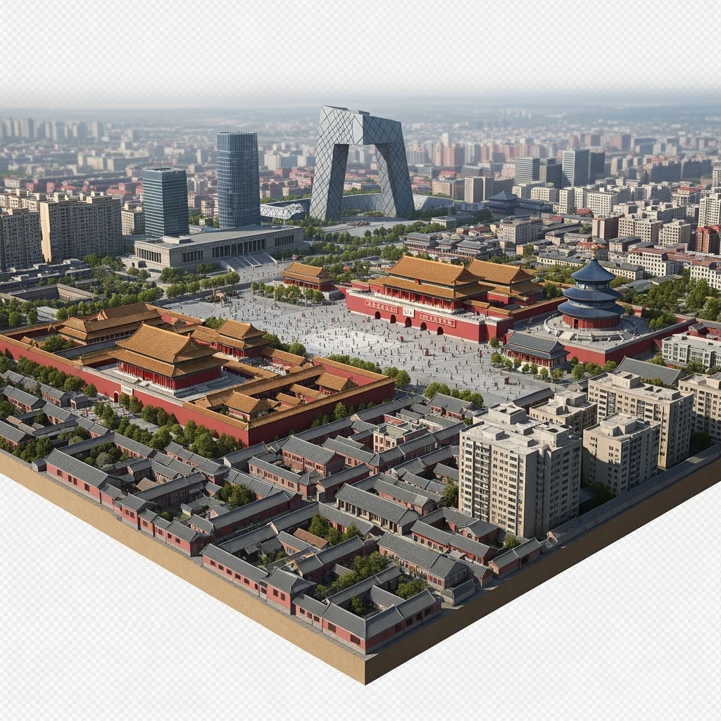 Isometric miniature of Beijing Forbidden City, Tiananmen Square, CCTV Headquarters, Temple of Heaven, and crowded hutong alleys, sprawling apartment blocks, smoggy skyline, 3D miniature effect and Tilt Shift effect, no cartoonish look, transparent background. emoji