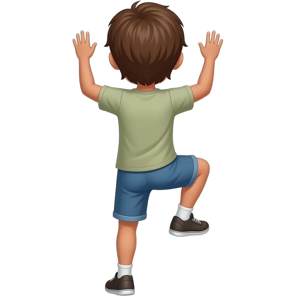 un niño de 12 años que se le vea todo el cuerpo, que sea moreno y que tenga el pelo medianamente largo. no tan moreno. que este escalando de espaldas y que solo este el chico sin nada en sus manos emoji