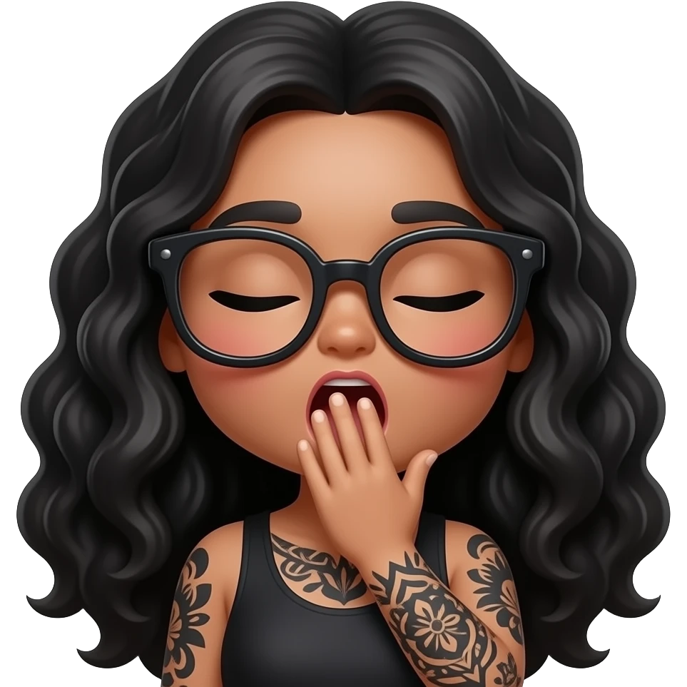 Kawaii style round very light brown skin glossy with eyes shut and oversized glasses and a full black tattooed arm and long curly black hair, yawning with hand in front of mouth emoji