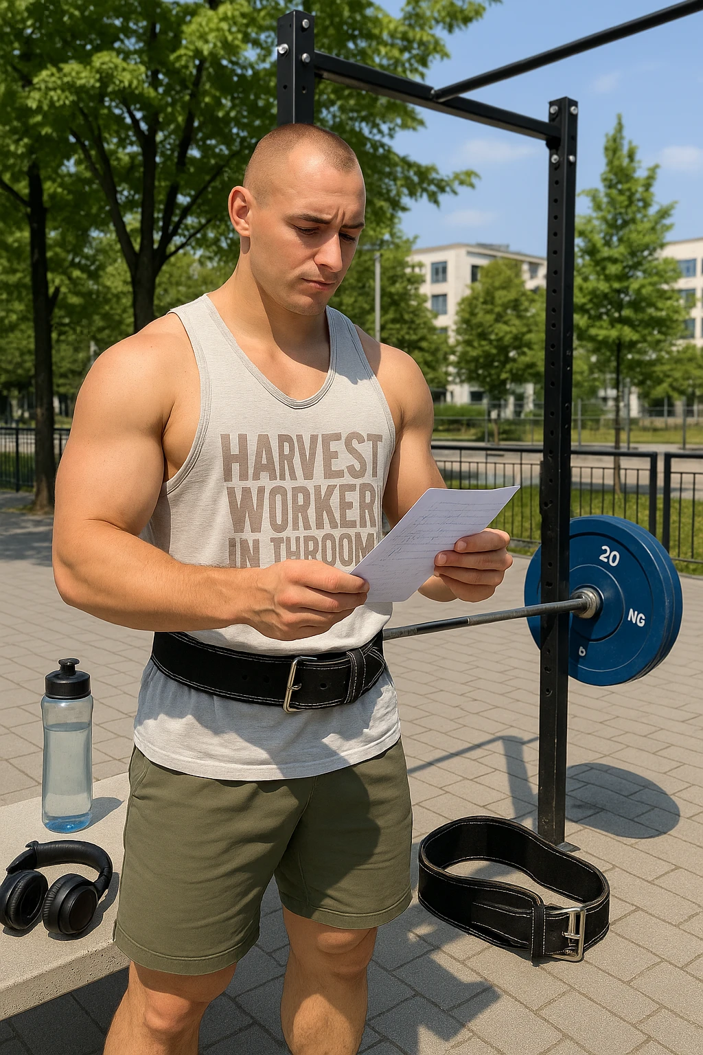un uomo prepara con cura il suo set di pesi e la cintura per streetlifting, controllando una lista di esercizi e ripetizioni scritta su un foglio. Accanto a lui, una borraccia e delle cuffie. L’espressione è serena e sicura, a sottolineare l’importanza della programmazione per un allenamento efficace. Lo sfondo è un’area fitness urbana, pulita e ben attrezzata. emoji