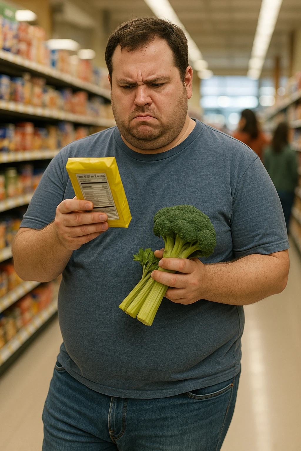 a man in casual clothes walks through a grocery store, looking at a nutrition label with a furrowed brow. Despite choosing healthy options, his body remains overweight. Other shoppers pass by, and the lighting is natural, capturing a moment of everyday life and genuine confusion. emoji