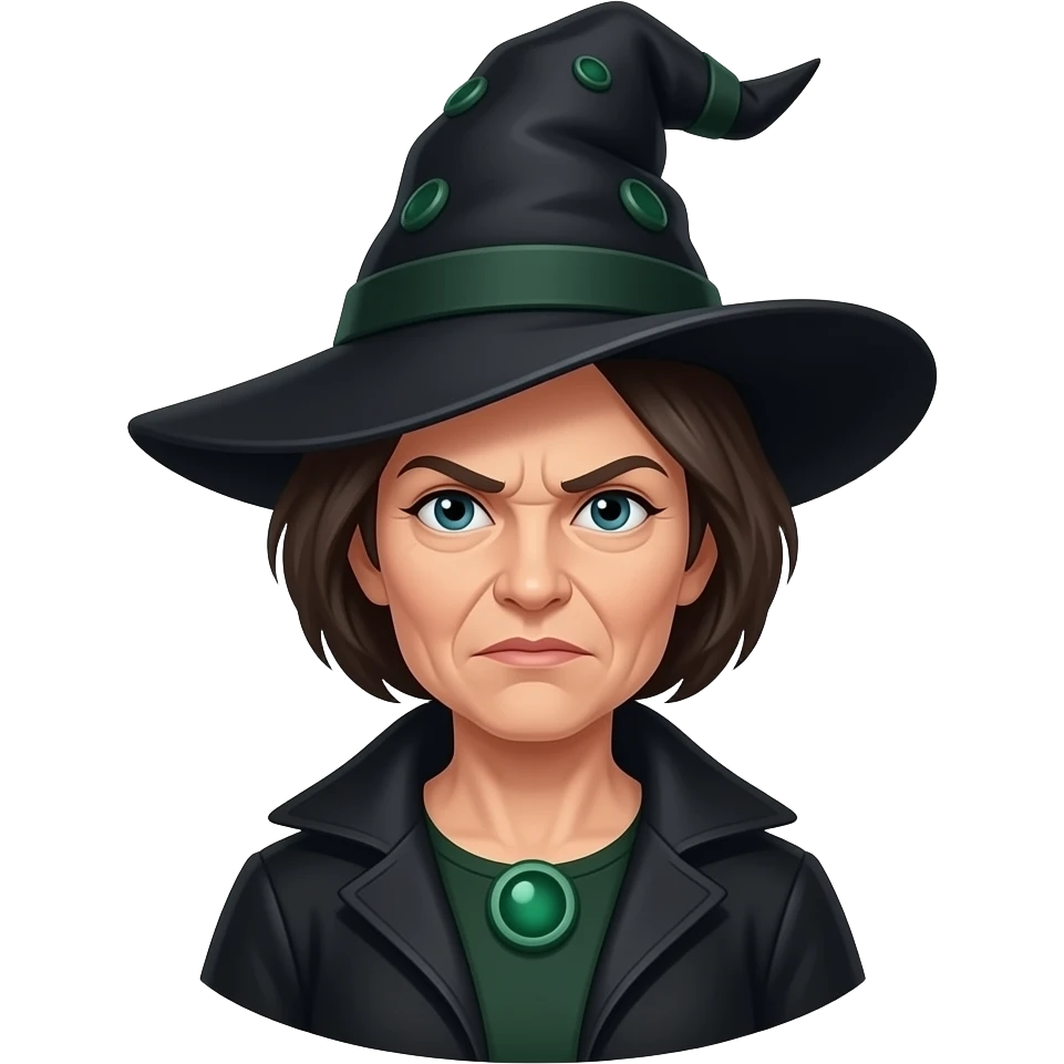 Minerva McGonagall emoji, Apple style, clean 3D, soft gradients, older woman, stern expression, dark hair in bun, pointed hat, emerald accents, minimal icon, centered, white background, high detail emoji