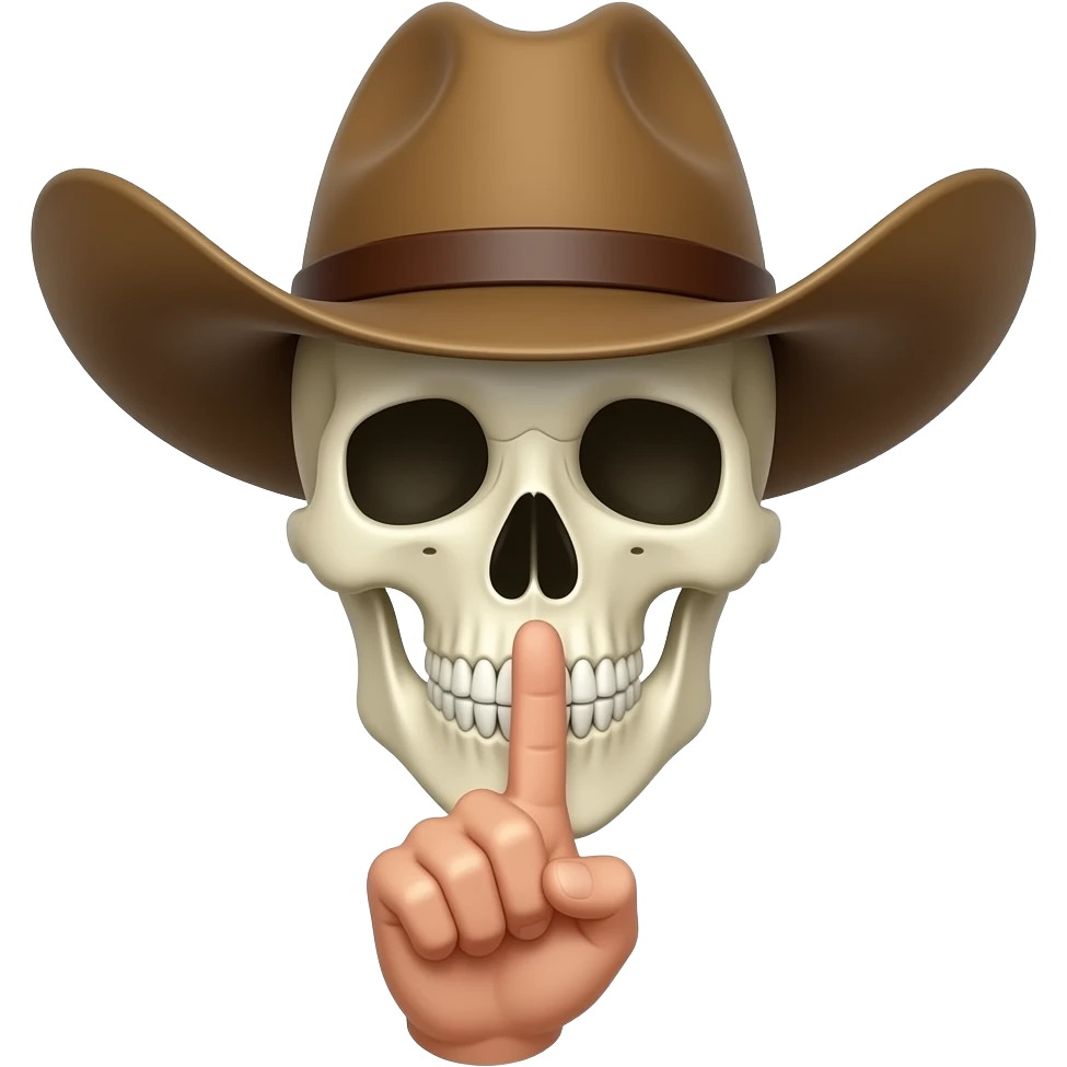 Cowboy Skull with his index finger to his lips, shhhh, hand facing inward emoji