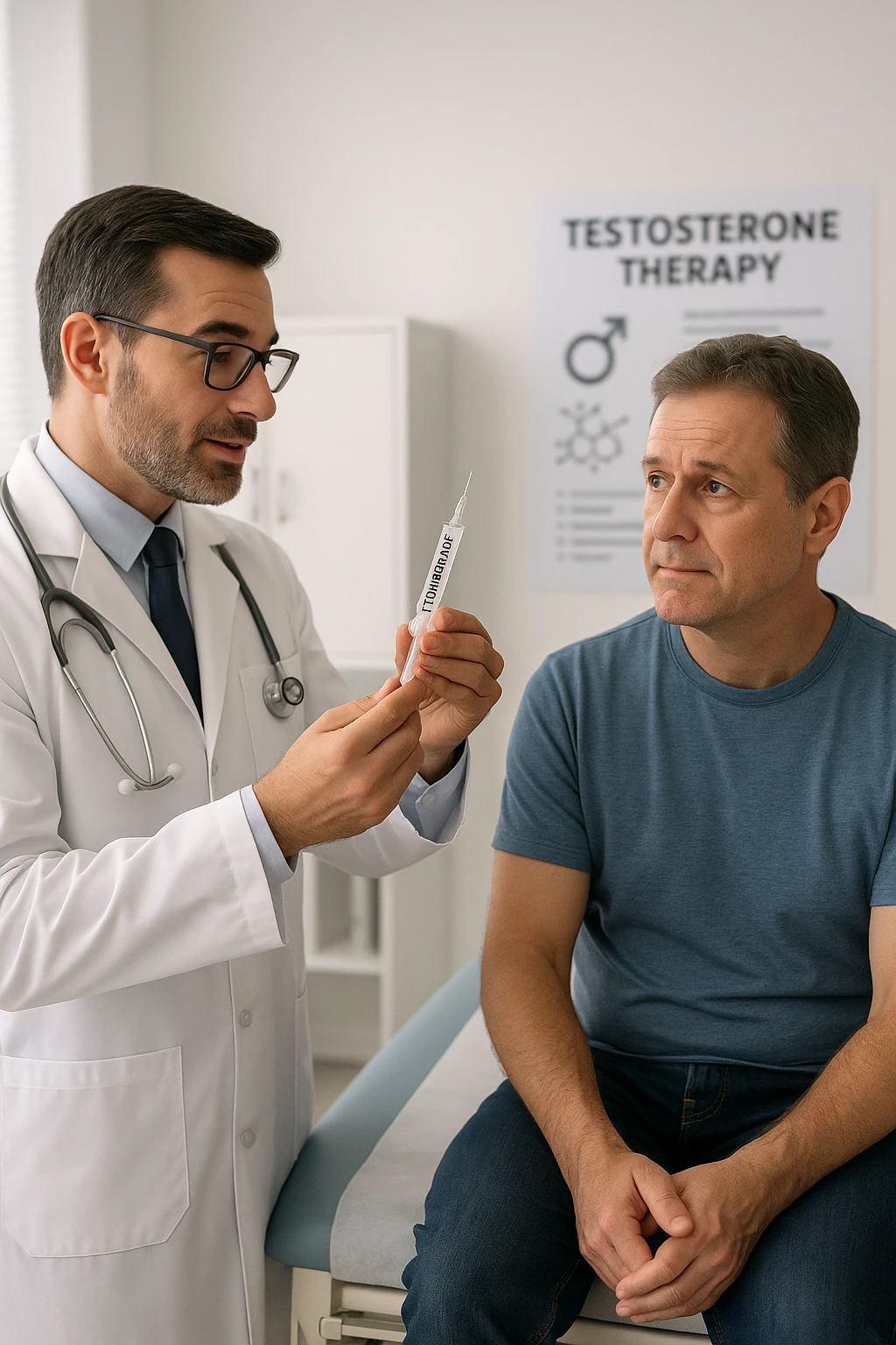 a doctor in a white coat prepares a syringe labeled “Testosterone” while a middle-aged man sits calmly on the examination table, sleeve rolled up and looking slightly apprehensive but trusting. The doctor explains the procedure, and a medical chart about testosterone therapy is visible in the background. The mood is professional and reassuring. emoji