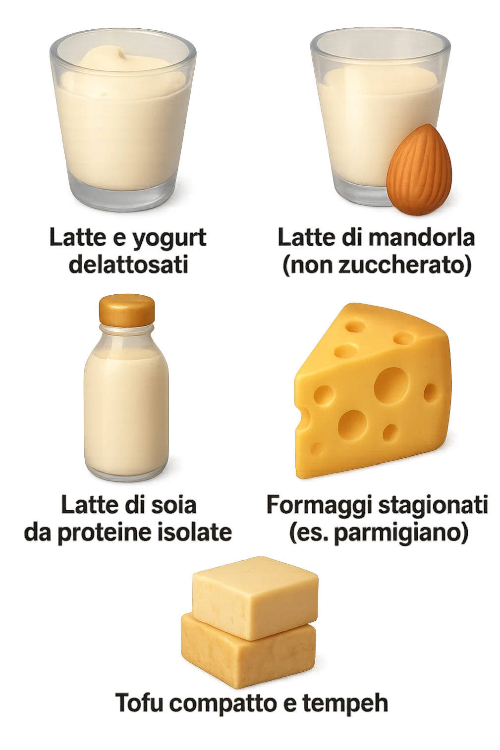 emoji stile iphone 3d di questi elementi che fluttuano in aria:

Latte e yogurt delattosati
Latte di mandorla (non zuccherato)
Latte di soia da proteine isolate
Formaggi stagionati (es. parmigiano)
Tofu compatto e tempeh
 che fluttuano in aria,  le etichette scrivile in italiano, iperealistico 4k emoji
