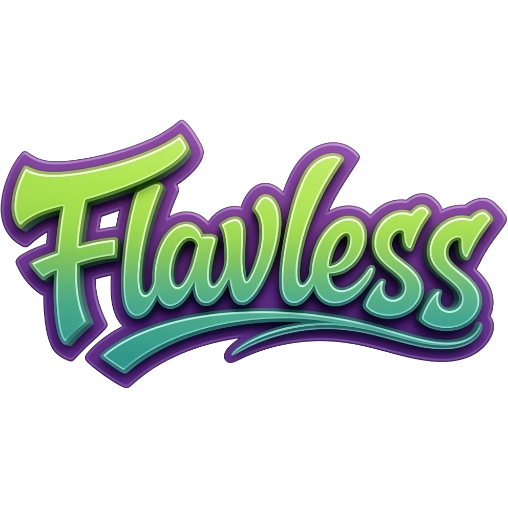 Graffity green  and purple  metálico y 3D al estilo Cyber neon write "Flavless" png background with hrome effect and gyperrealistic emoji