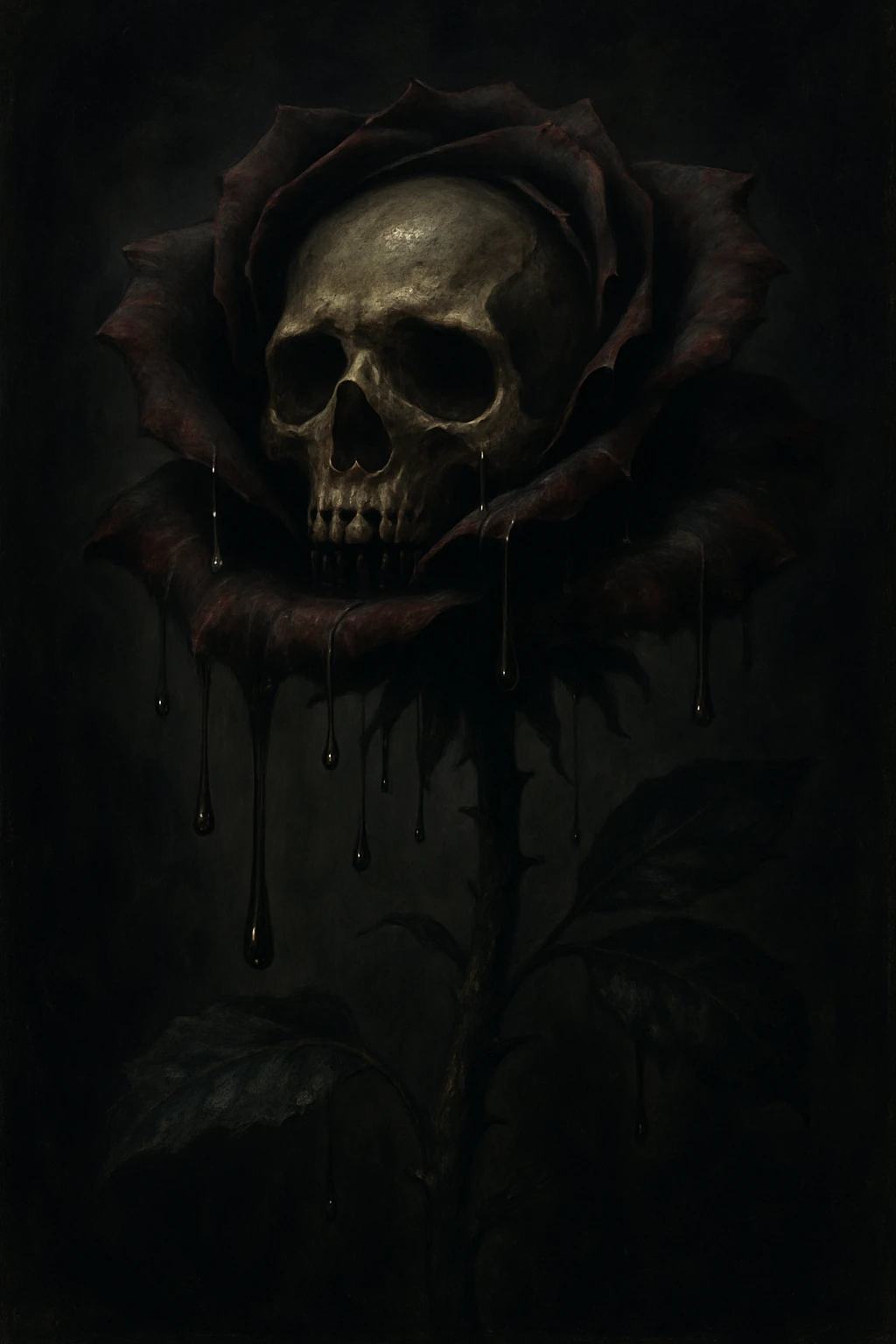 A weeping rose where the flower is replaced by a skull, with tears or drips from the petals, dark and dramatic style emoji