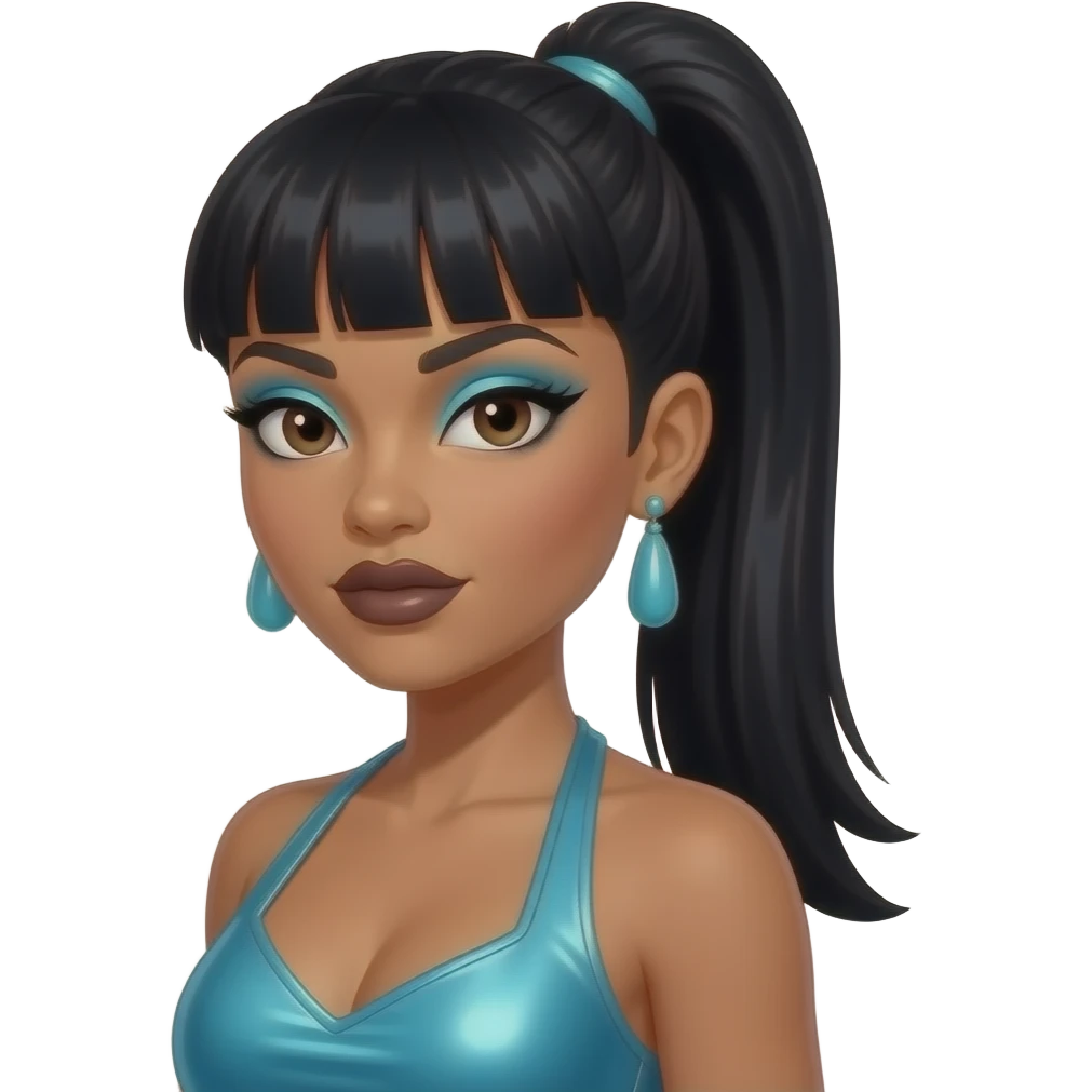 Lisa Left Eye Lopes from TLC with dark brown eyes, black 90s high straight ponytail hair with bang, cyan eyeshadow, dark brown lipstick, cyan metallic halter dress, cyan earrings emoji