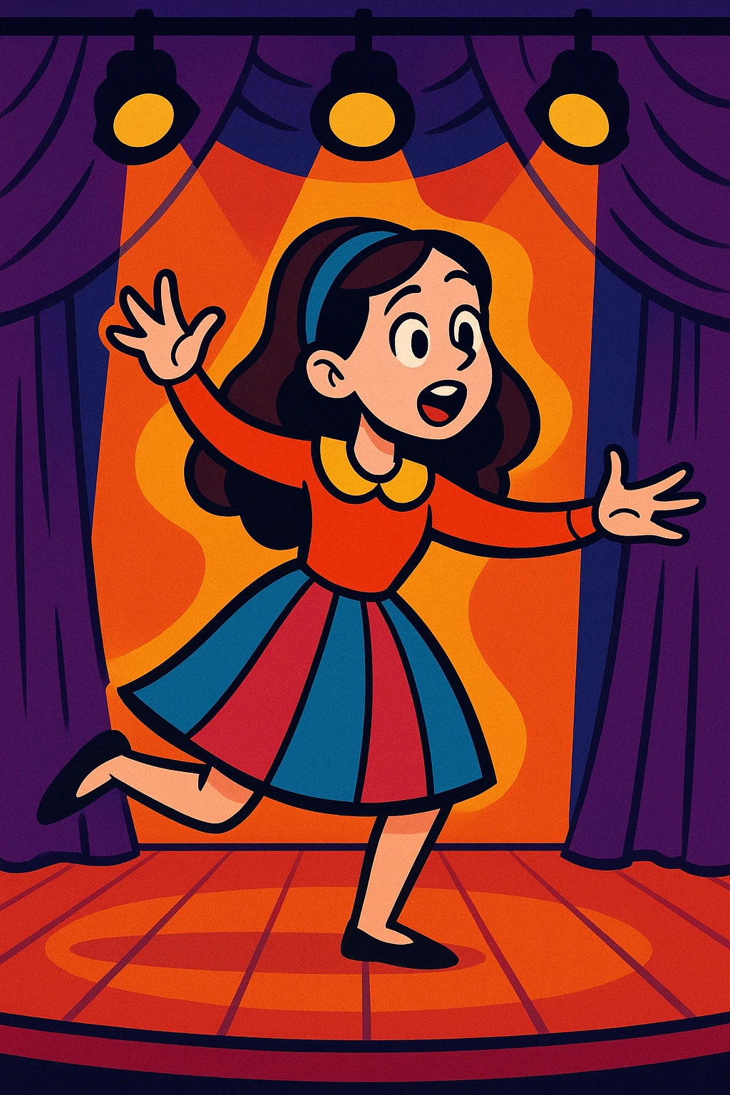 a pale, brunette girl acting, performing on stage, vibrant toon style emoji