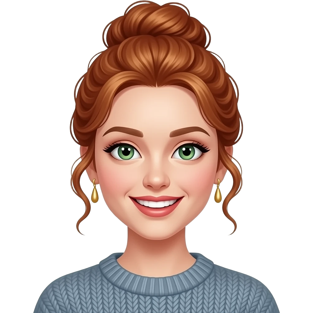 très jeune femme rousse, yeux verts, cheveux en chignon haut ondulés, grand sourire charmeur, maquillage, botox, pull, anneaux dorés aux oreilles emoji