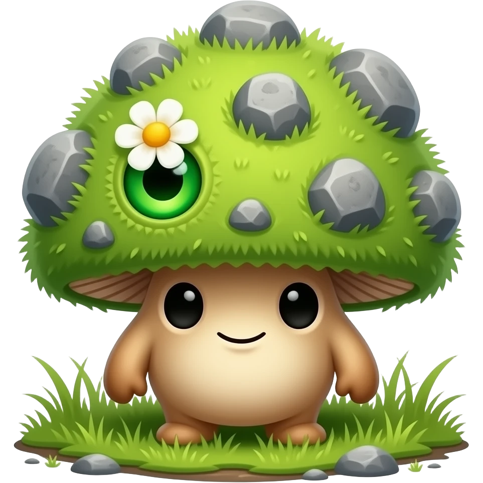Weird mushroom creature small with rocks growing on its back with one shingle green eye with a flower growing on it with grass on its whole body emoji