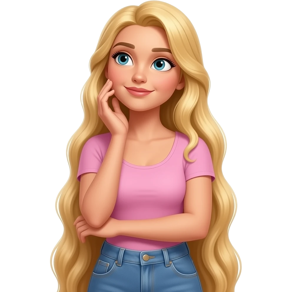 Woman that looks like Rapunzel and Adriana Lima mixed together and is wearing a plain baby pink top with some jeans and is looking up and thinking and has her hand on her chin or cheek and looks realistic like a real person not fake and AI emoji