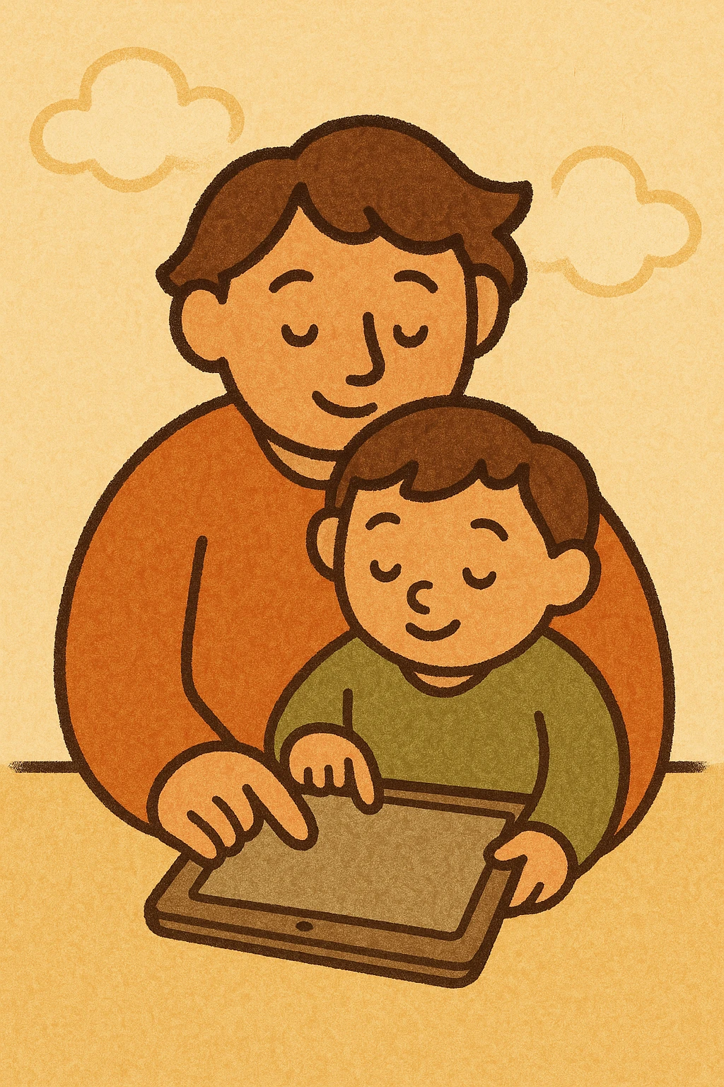 parent and child using a tablet, modern flat illustration style, warm colors, simple background emoji