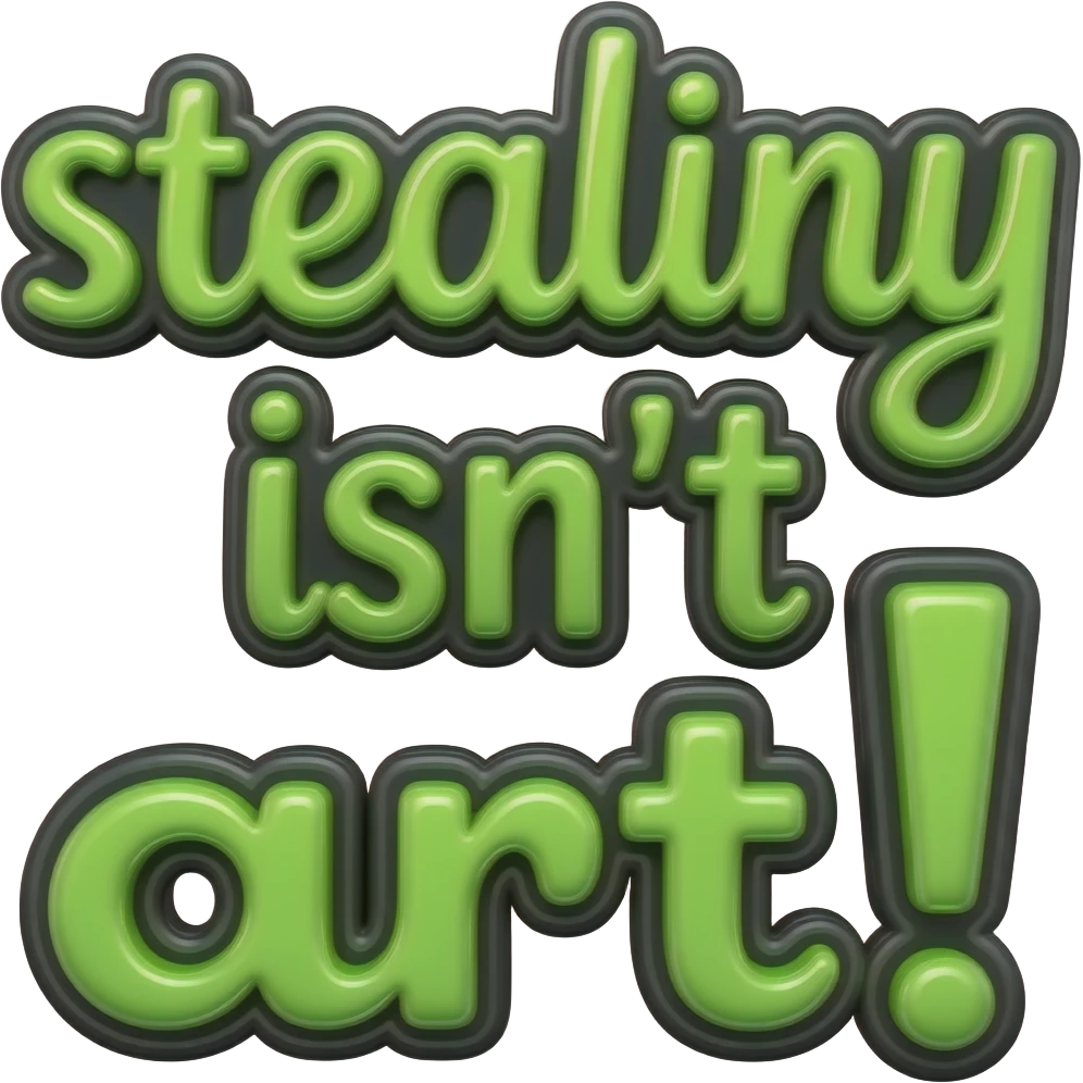 words "stealing isn't art! in neon green, girly typography lettering with a crisp black color outline border around each letter, detailed, 3d rendering, high definition. must have no emoji icons, no emoji faces, no human figures emoji